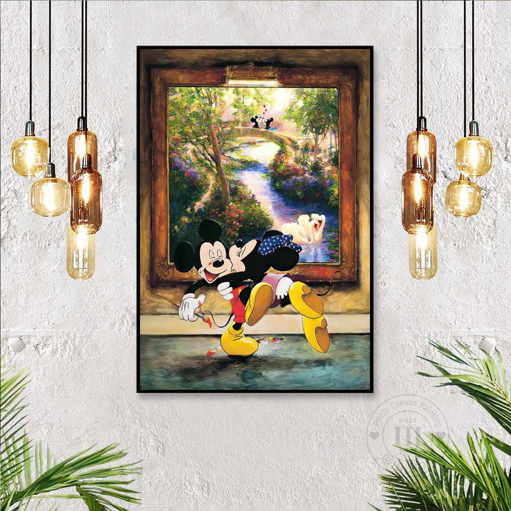 Disney Myszka Miki i Myszka Minnie Całują się pod Gwieździstą Nocą Dekoracja Ścienna Plakaty i Grafiki Obraz Olejny na Płótnie do Salonu Prezenty Bez Ramki