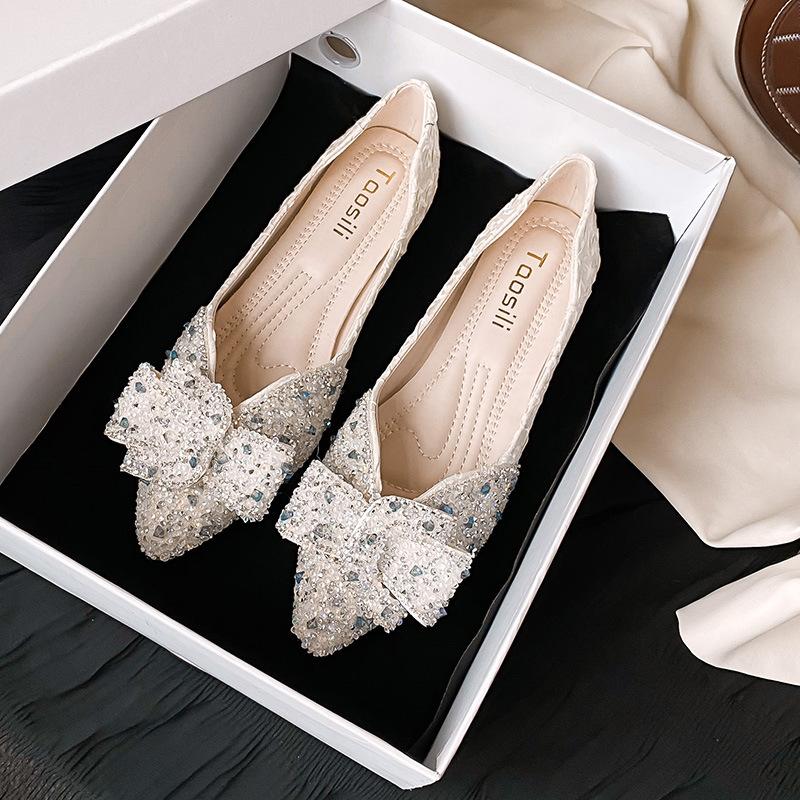 

Женские туфли-лодочки, новые, с острым носком, с мелким вырезом, с бантом, со стразами, на плоской подошве, женская обувь большого размера 33