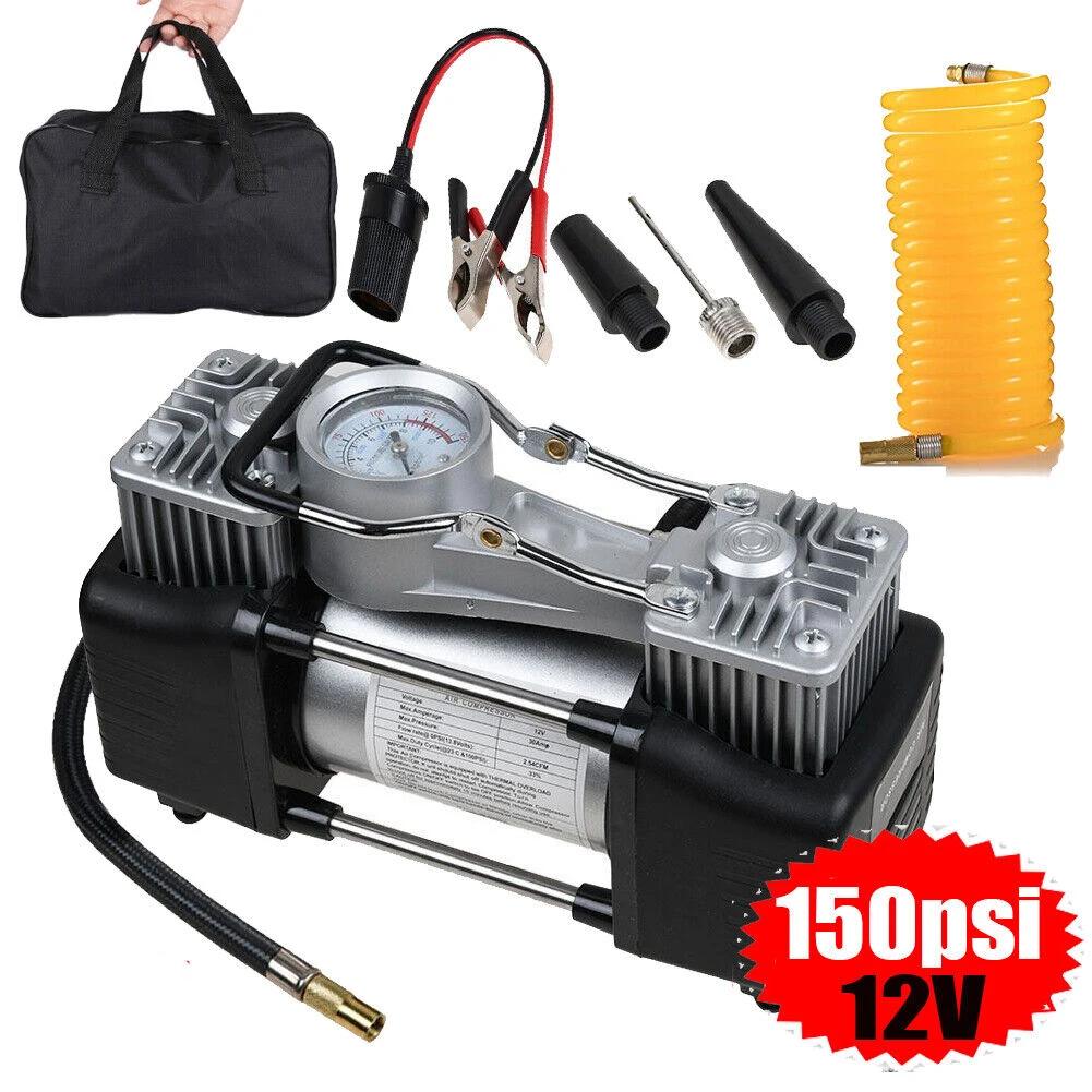 

150psi автомобильный воздушный компрессор насос DC 12V двухцилиндровый автомобильный шиномонтажный насос с манометром пористый автомобильный металлический воздушный сжимаемый белый