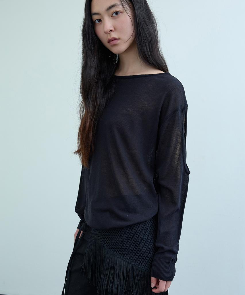 Uusoo Linen Blend Cut-Out Top_ Black