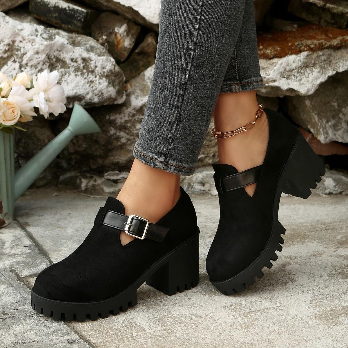 

Retro Fashion Buckle Designed Casual Coarse Heel Loafers for Women New Style Spring Shallow Mouth Comfortable Single Shoes 42