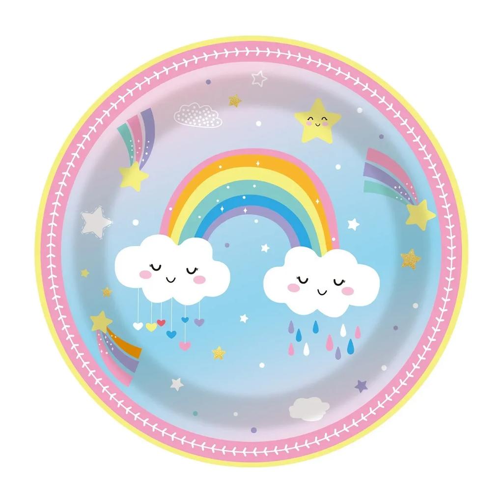 Rainbow Cloud Sun Happy Girls Princess Birthday Party Decor Set with Pink Plates Napkins Disposable Tableware for 10 Guests