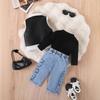Girls' Fashion Casual Suit Spring and Autumn Children's Top with Lapel Color Matching Leather Coat Jeans Set