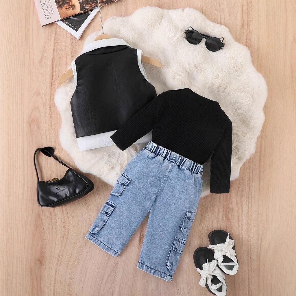 Girls' Fashion Casual Suit Spring and Autumn Children's Top with Lapel Color Matching Leather Coat Jeans Set
