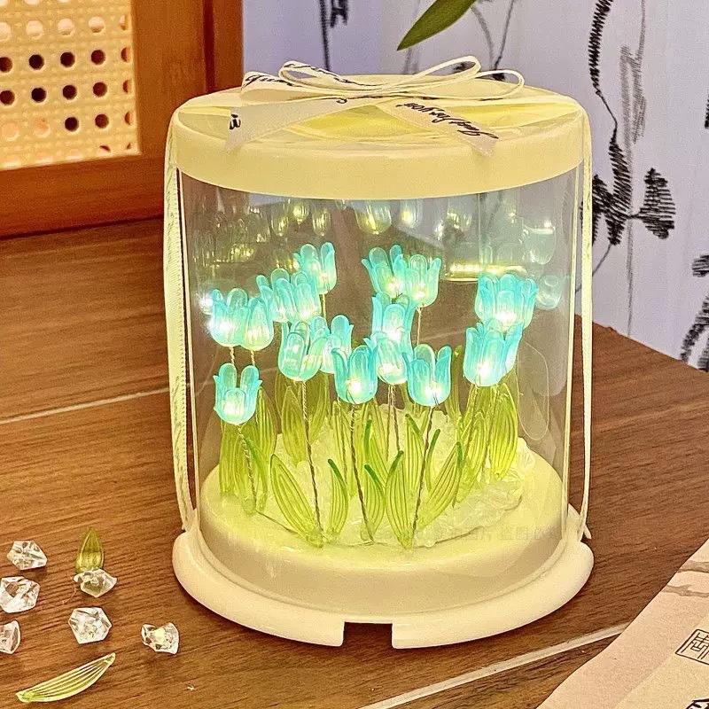 Creative Diy Tulip Flower Sea Cube Small Night Lamp Material Kit for Girlfriend Gift Bedroom Sleeping Table Lamp Handmade Craft