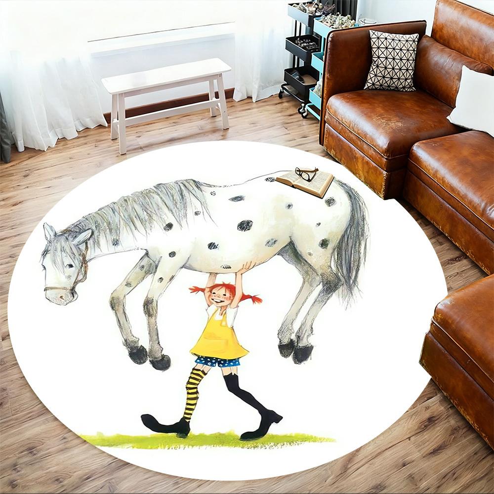 1pc Pippi Horse Round Chair Mat Area Rug - Non-Slip, Floor Mat for Office, Bedroom, Home Decor Christmas Gift P0811343