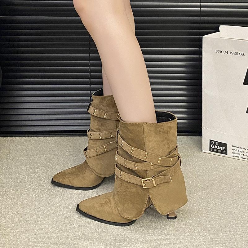 Temperament Spice Girls Niche Pants Boots Women's Belt Buckle 2025 New High Heel Boots Pointed Rivets Short Boots Skinny Single Boots