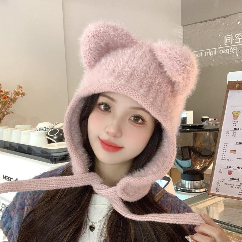 Bear knitted hat children's winter plush warm ear protector wool hat sweet versatile face small pullover hat
