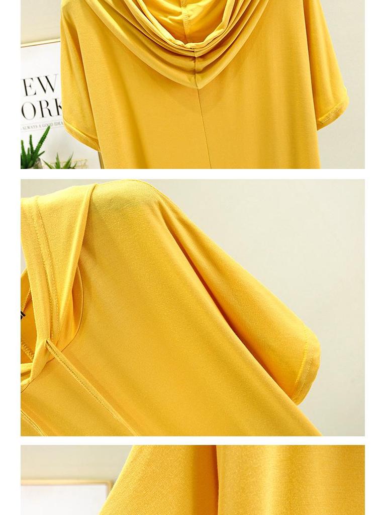 T-shirt à capuche manches courtes en modal pour femme Printemps/Été - Haut de base léger coupe ample