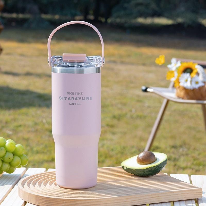 JUSTINLAU 600/900ml Insulated Cups Stainless Steel Thermos Cup with Handle & Straw Outdoor Travel Water Bottle Car Ice Tumbler