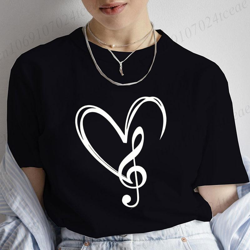 Musical Note Heart Print Unisex T Shirt Short Sleeve O Neck Unisex Tshirt Ladies Fashion Tee Shirt Tops Clothes Camisetas Mujer