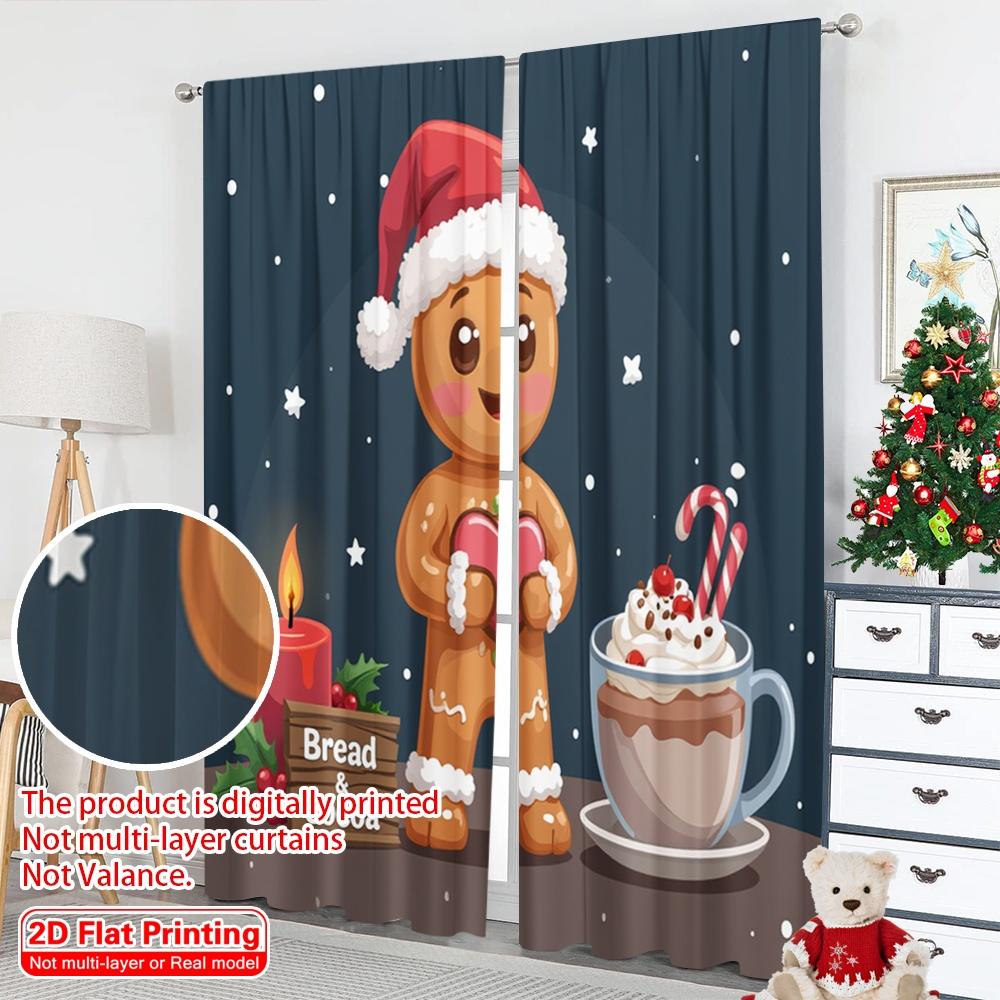 2pcs 2D flat printing Merry Christmas Popular Curtains Gingerbread man with hot cocoa and candle Polyester Without Electricity