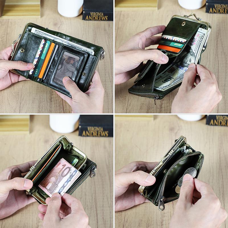 Genuine Leather Women Wallet Small Metal Frame Purse Ladies Hasp and Zipper Coin Pocket Credit Card Holder RFID Wallet