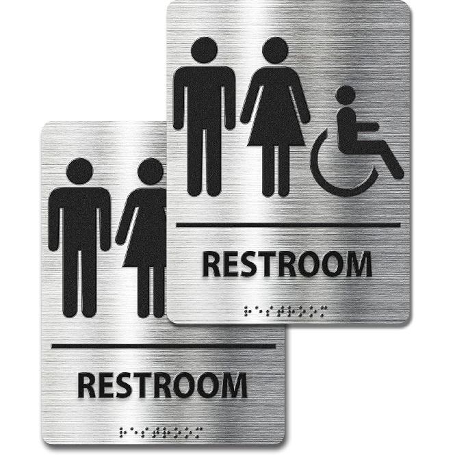 ADA-Mark Modern Restroom Sign for Business - 2PK ADA Compliant Braille Bathroom Sign with Easy tallation - 6  W x 8  H 2pk-Restroom