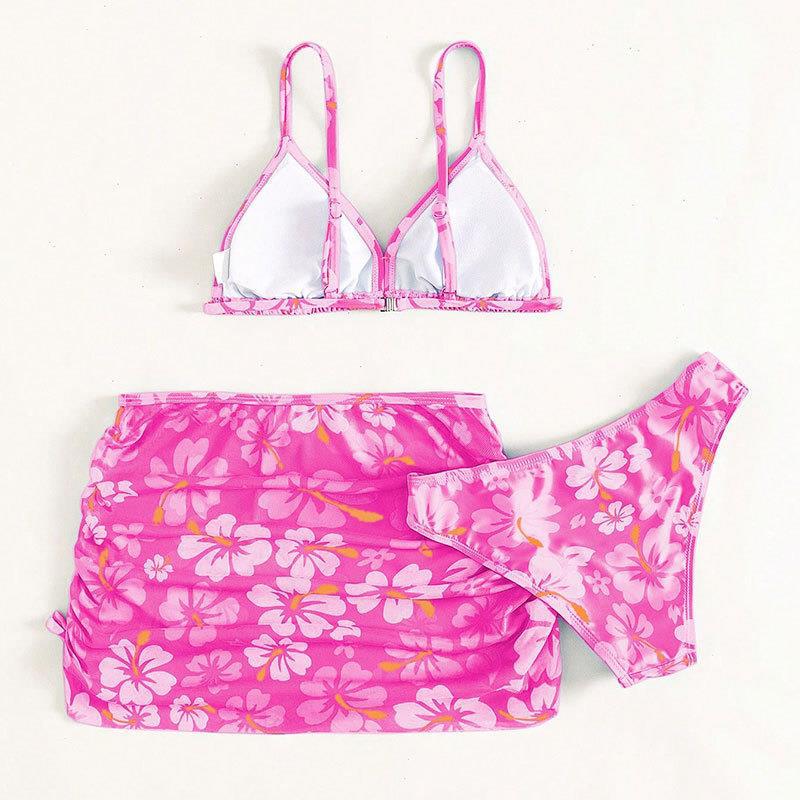 Costume da bagno a tre pezzi con stampa floreale per bambina