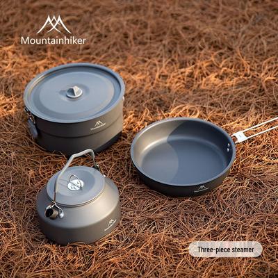 Mountain Outdoor Nesting Cookware Set: Aluminum Alloy Camping Pot, Frying Pan, and Kettle - Three Pieces.