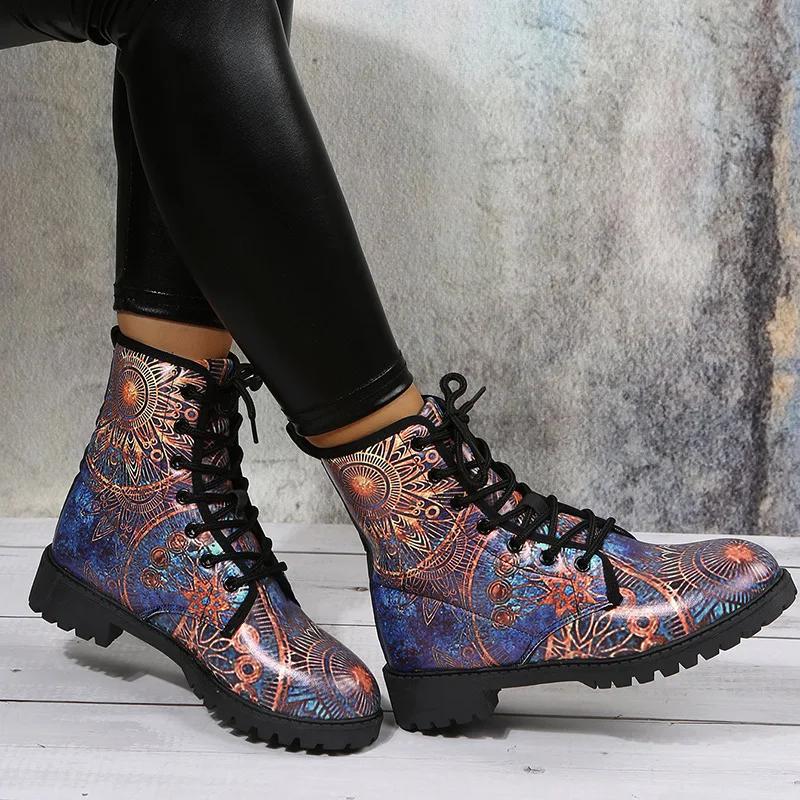 Boots Women's Autumn and Winter  British Fashion Women's Tooling Boots Skull and Flower Print High-top Boots Ladies