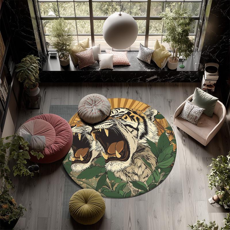 Leaf Tiger,Round Area Rug,Carpet Rug for Living Room Bedroom Sofa Playroom Decor,Non-slip Floor Mat