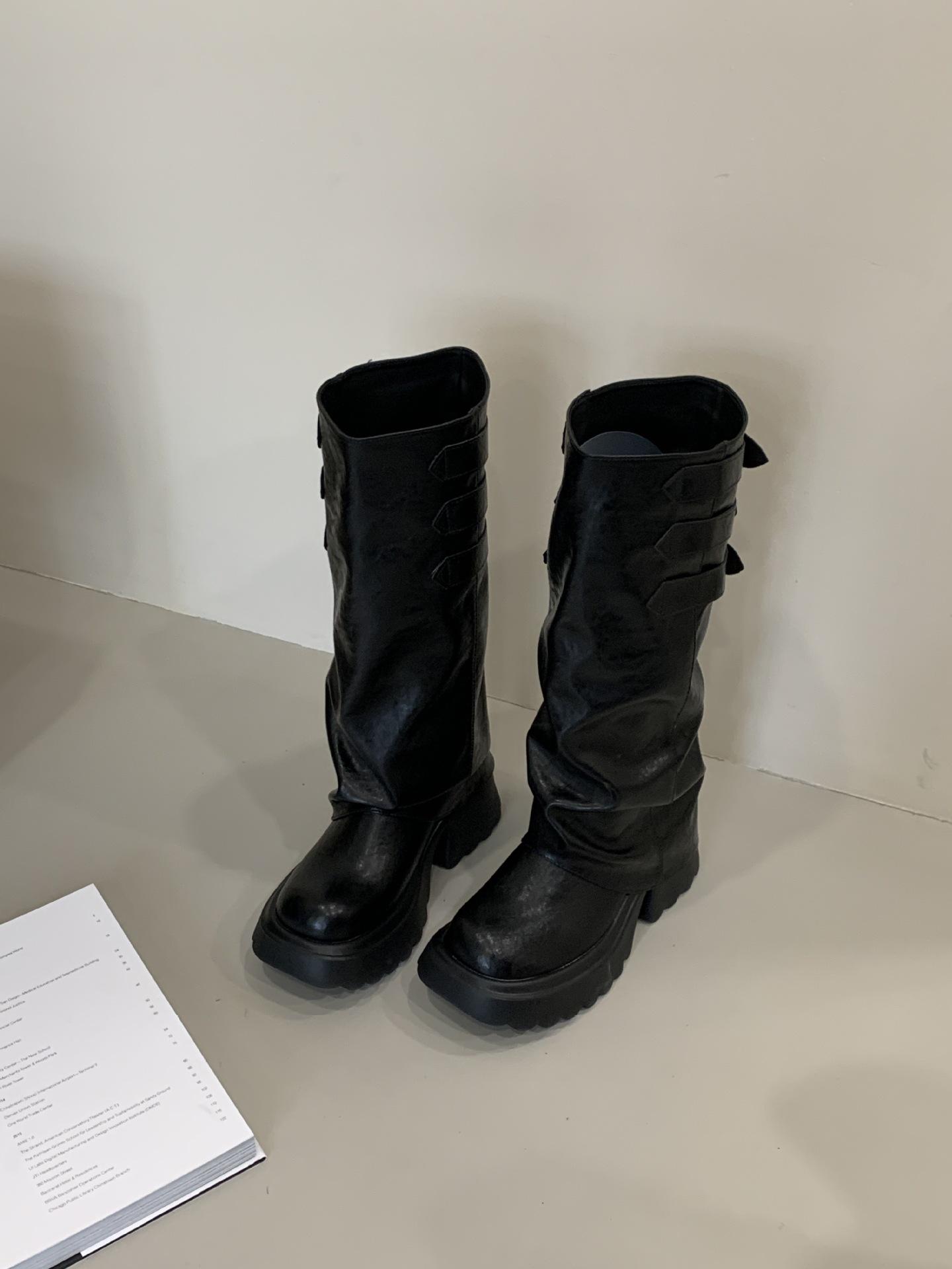 

2025 new long women s boots versatile retro knight boots thick-soled big tube circumference high trouser boots 40 чорний