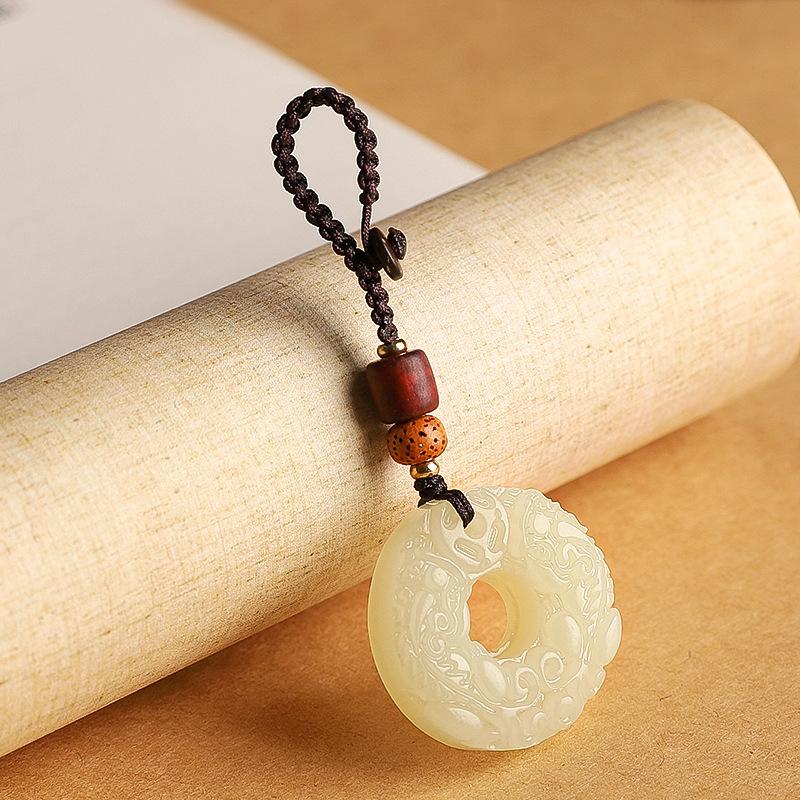 Jadeite Peace Buckle Pixiu Keychain, Fortune-Bringing and Luck-Enhancing Car Pendant, High-End Exquisite Mobile Phone Ornament for Men and Women Jade Pixiu Peace Amulet