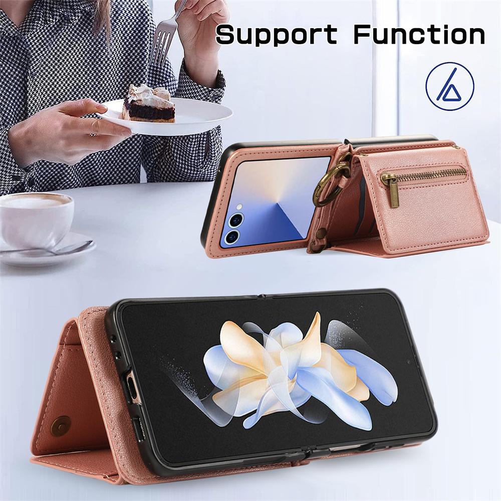 Leather Phone Case with Crossbody Ring and Card Holder for Samsung Galaxy Z Flip 7 6 5 4 3 Flip7 FE Flip6 5G Protective Cover