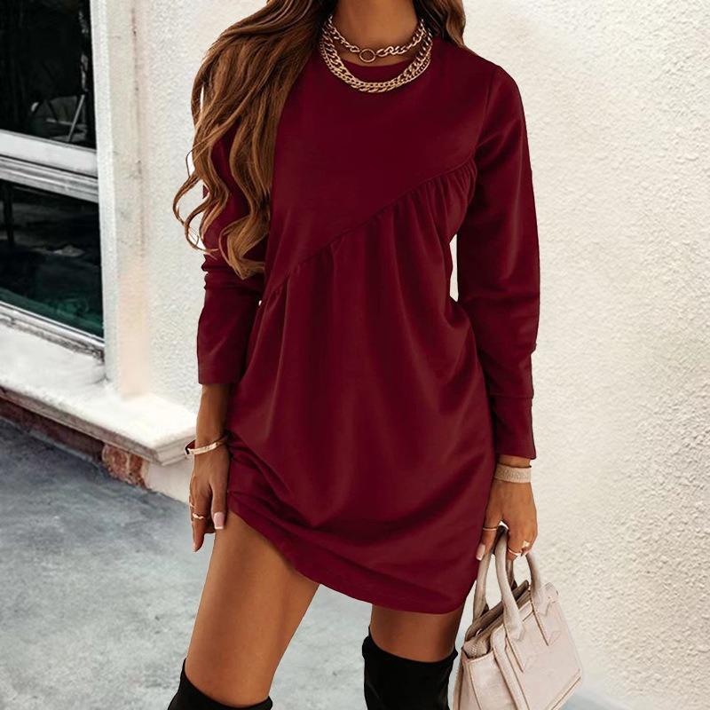 Women Crew Neck Long Sleeve Irregular Ruched Casual Sweatshirt Mini Dress
