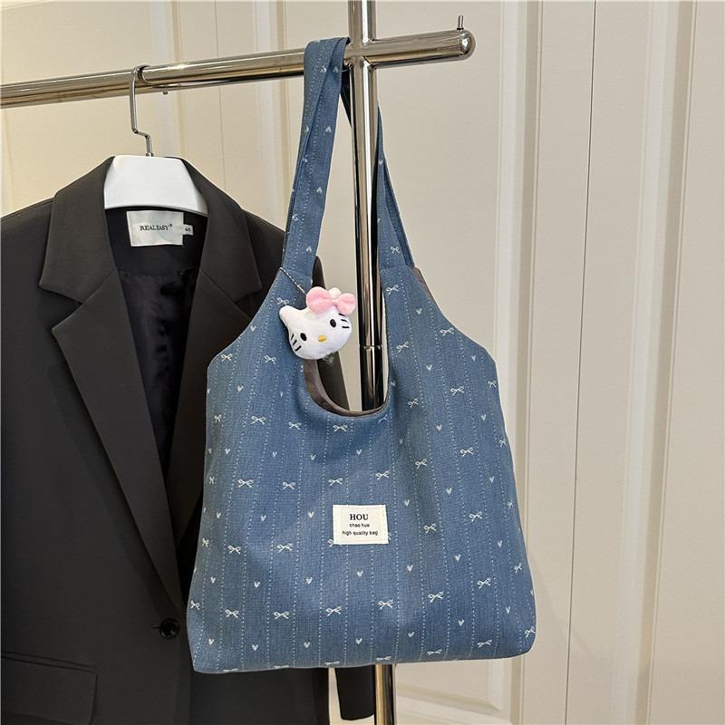 Soft Waxy Denim Canvas Bag, New Bow Design, Shoulder Bag, Commuter Large-capacity Tote Bag.