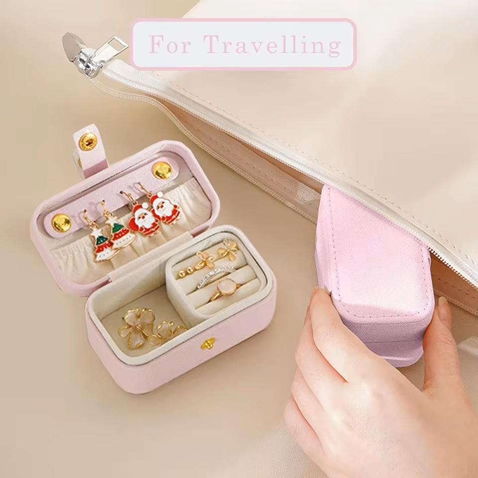 Portable Mini Jewelry Box Small Travel Storage Case for Rings Necklaces Earrings Lipstick with Removable Ring Slot PU Leather