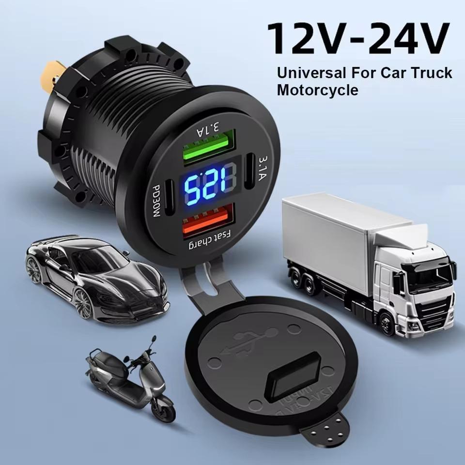83W Car Charger Socket PD30W Fast Charging Dual USB+Type C Outlet Phone Power Adapter with Voltmeter for Motorcycle Truck Boat