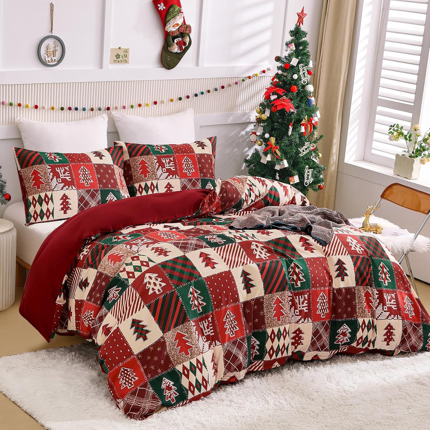 Filtration Facilities Unisex Red Christmas Soft With Soft Fabric Duvet Cover Set Patchwork Plaid & Gren Christmas Tre Printed Soft Duvet Warm Comforter Covers Beding Set