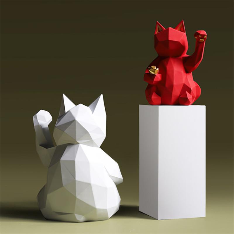 Geometric Lucky Cat Sculpture – Modern Resin Fortune Statue for Home & Office Decor