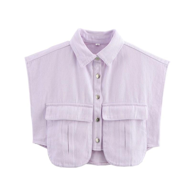 Womens Solid Color Oversized Sleeveless Denim Shirt With Large Pockets Polo Collar Short Top