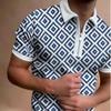 Stylish Geometric Pattern Short-Sleeve Zip Polo Shirt, Casual & Versatile