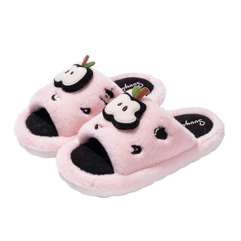 Neue niedliche Cartoon-Apfel offene flauschige Hausschuhe Winter Indoor Zuhause gestapelte warme rutschfeste Baumwollpantoffeln