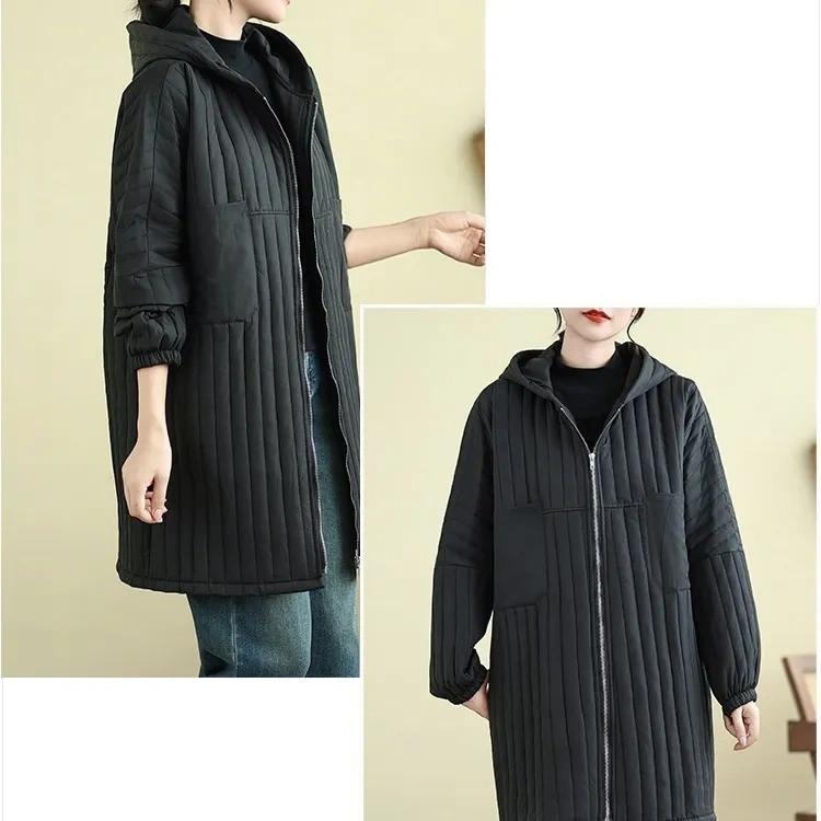 Winter Plus Size Hooded Mid-length Cotton-padded Jacket, Fashion Cotton-padded Jacket, Loose Western Style, All-match Ladies