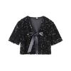 Bow Tie Lace Up Sequin Top Women's Short Sleeved V-neck Shirt Sweet Solid Color Blouses 2025 Spring and Summer Fashion