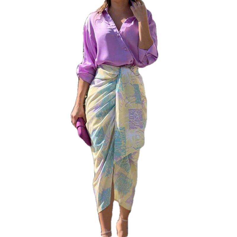 Autumn 2026 European-American Color Block Print Vest & High Waist Split Long Skirt Set 661