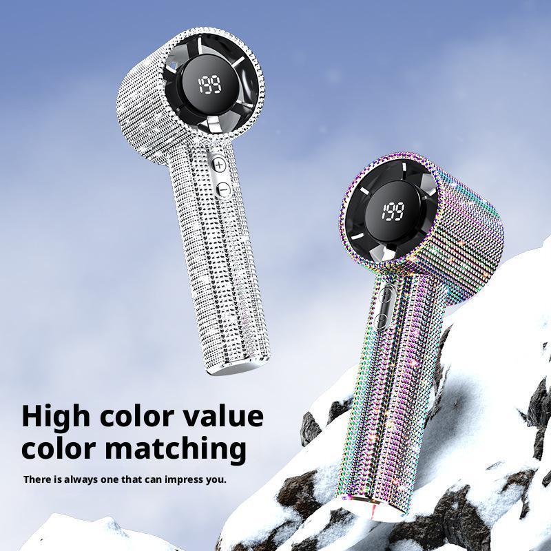 Full Diamond Luxury Craftsmanship Portable Handheld Turbo Fan 3 Gear Wind Long Battery Life With Digital Display
