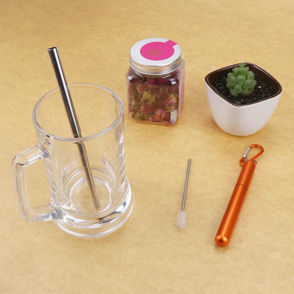 Portable Stainless Steel Retractable Straw Reusable Straw Cleaning Brush Kit for Picnic Orange