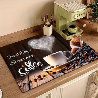 Tapete Absorvente com Estampa de Café Cozinha Antiderrapante Drenante Secagem Rápida de Pratos de Café Tapete Drenante de Banheiro Tapetes para Louça Decorar