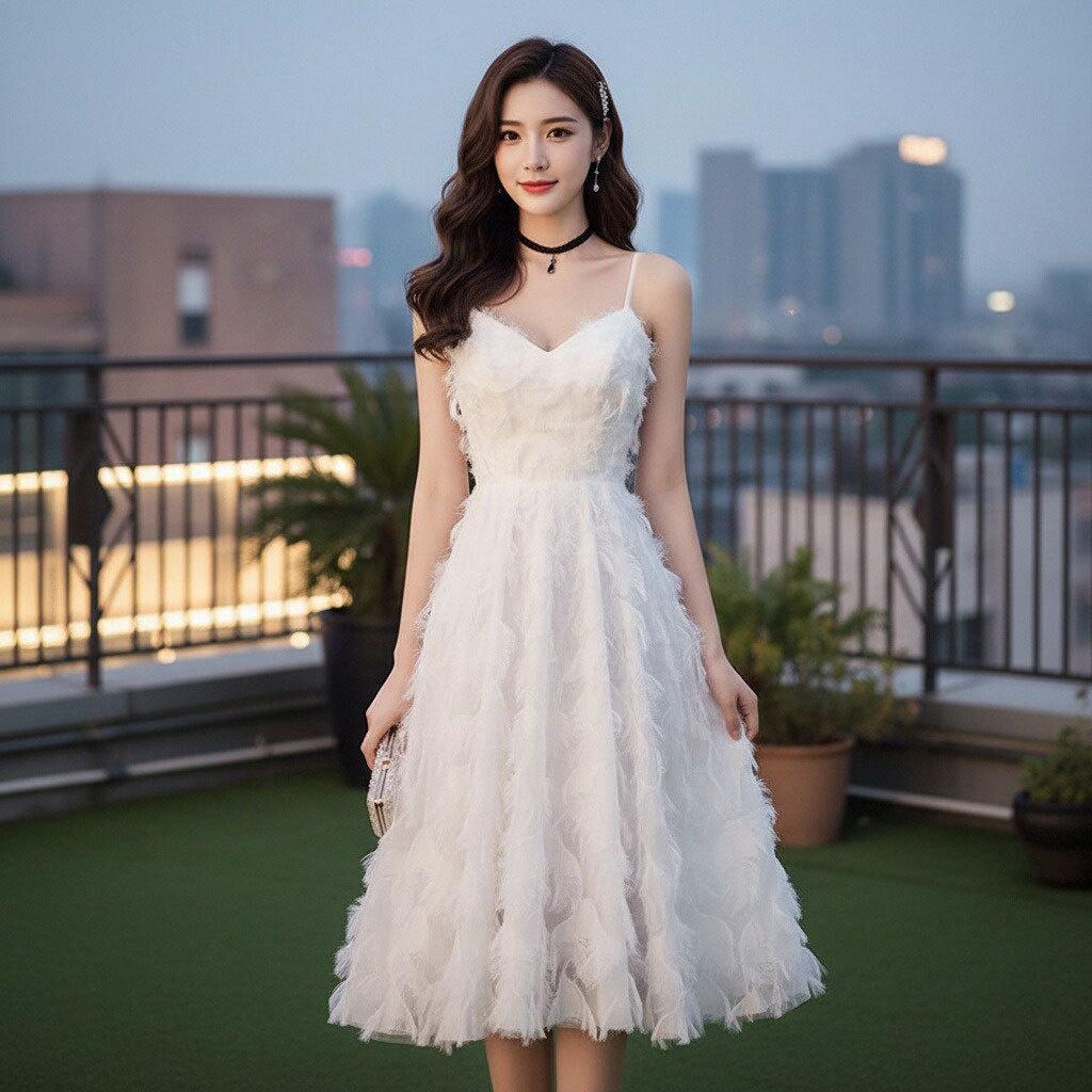 Temperament Suspender Feather Dress Female Waist Thin Medium Long Gentle Wind Fairy Celebrity White Age Reduction Elegant