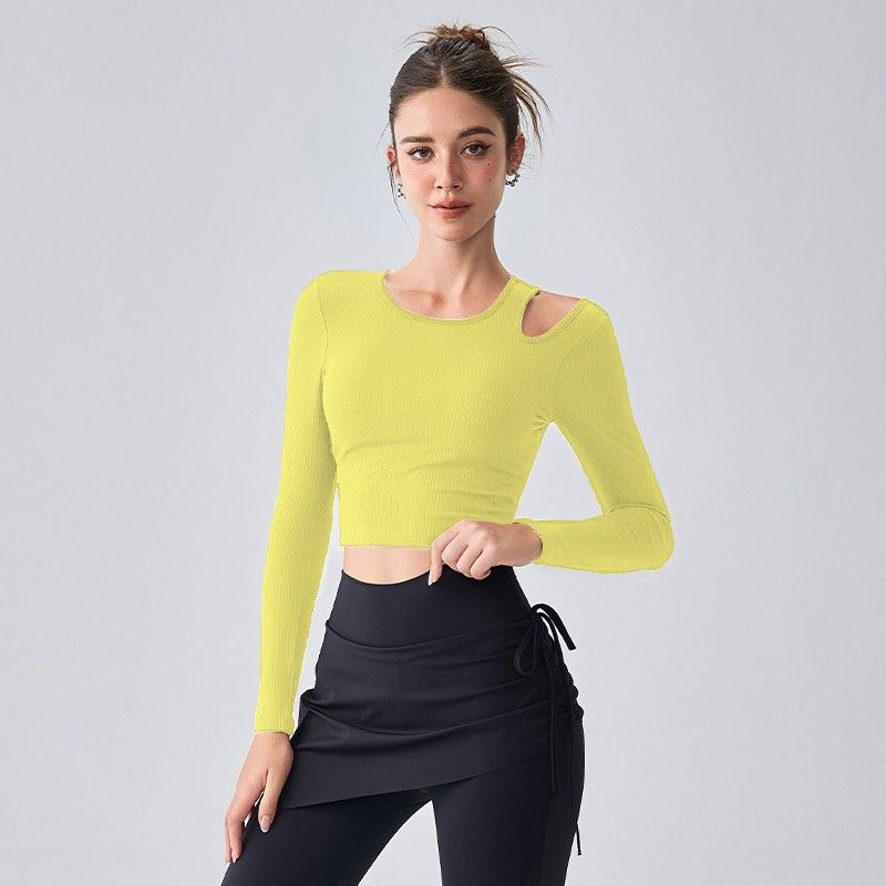 

Mitaogirl off-Shoulder Long Sleeve Yoga Wear Women s Chest Pad Skinny Slimming Pilates Fitness Sports Top Autumn Primrose Yellow L