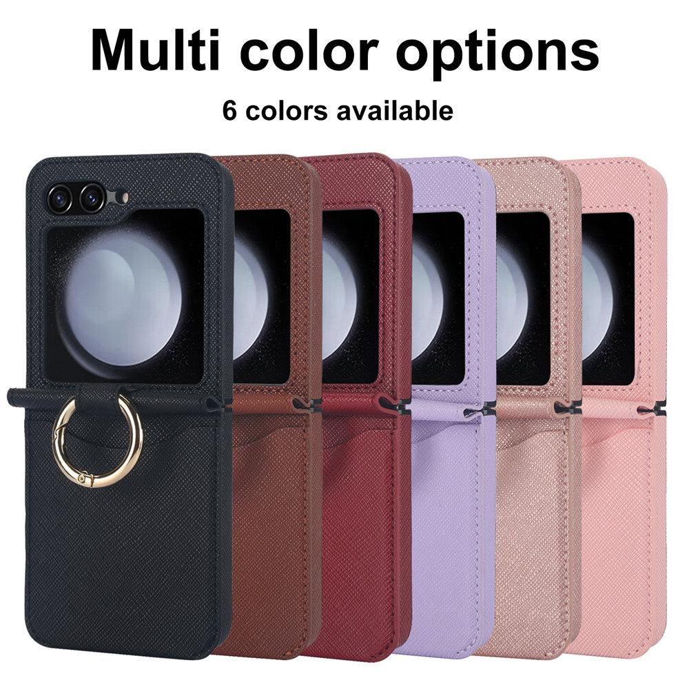 Cross Stripes Leather Ring Phone Case For Samsung Galaxy Z Flip 7 7FE 6 5 4 3 Credit Cards Holder Back Cover For Galaxy Z Flip 6