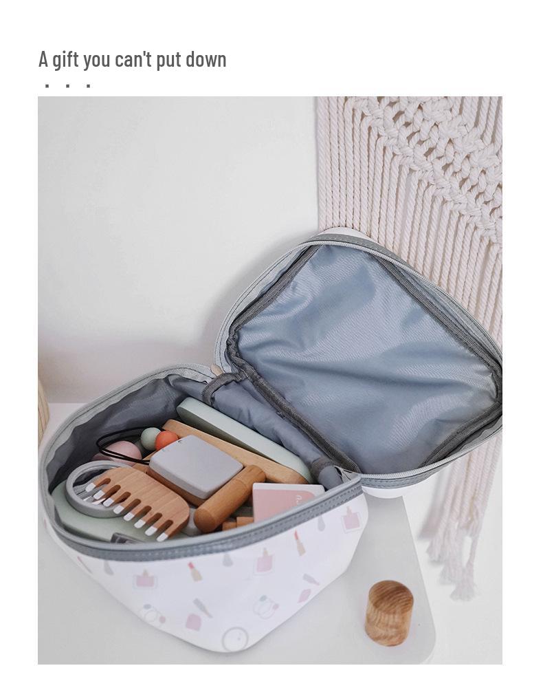 Korean Style Wooden Makeup Play Set: Pretend Eyeshadow, Powder, Lipstick, Perfume, Hair Accessories.