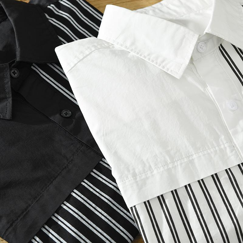 Spring Summer100 Cotton Long Sleeve White Shirt Men Square Patchwork Striped Shirt Korean Fashion Mens Shirt Daily Casual Tops