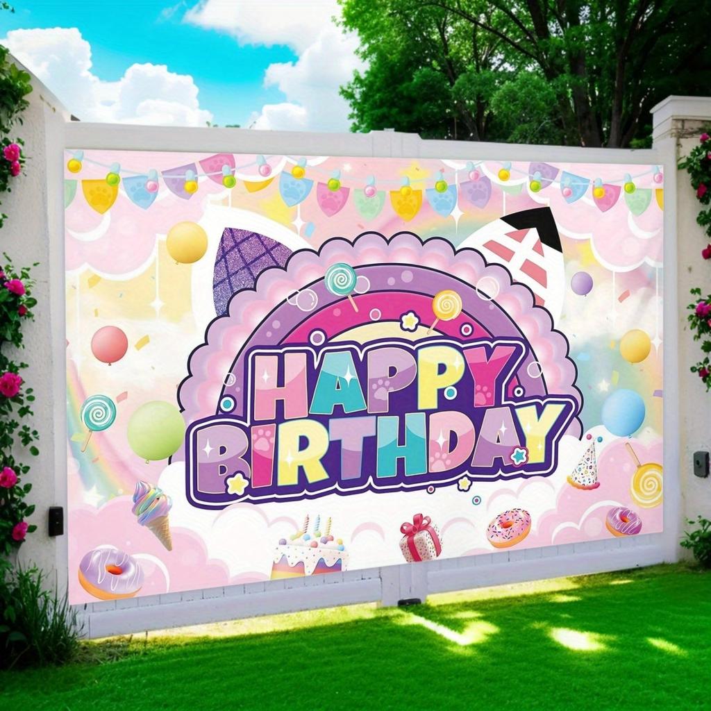 1 piece of vibrant and cute cat-themed birthday party backdrop and banner - 2D flat polyester fabric for photography decoration