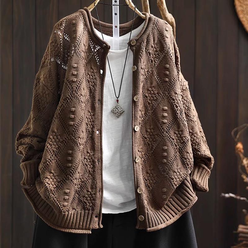 2025 Fall Diamond Hollow Round Neck Knitted Cardigan - Loose, Casual Long Sleeve Sweater