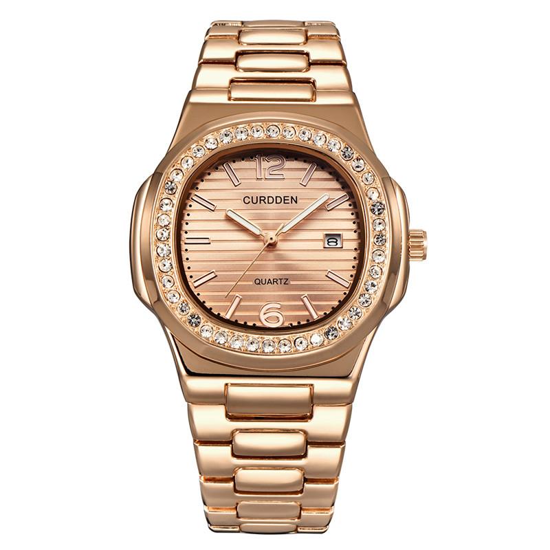 Men Original CURDDEN 1520 Brand Watches Fashion Alloy Band Diamond Golden Date Business Quartz Watch Montres De Marque De Luxe