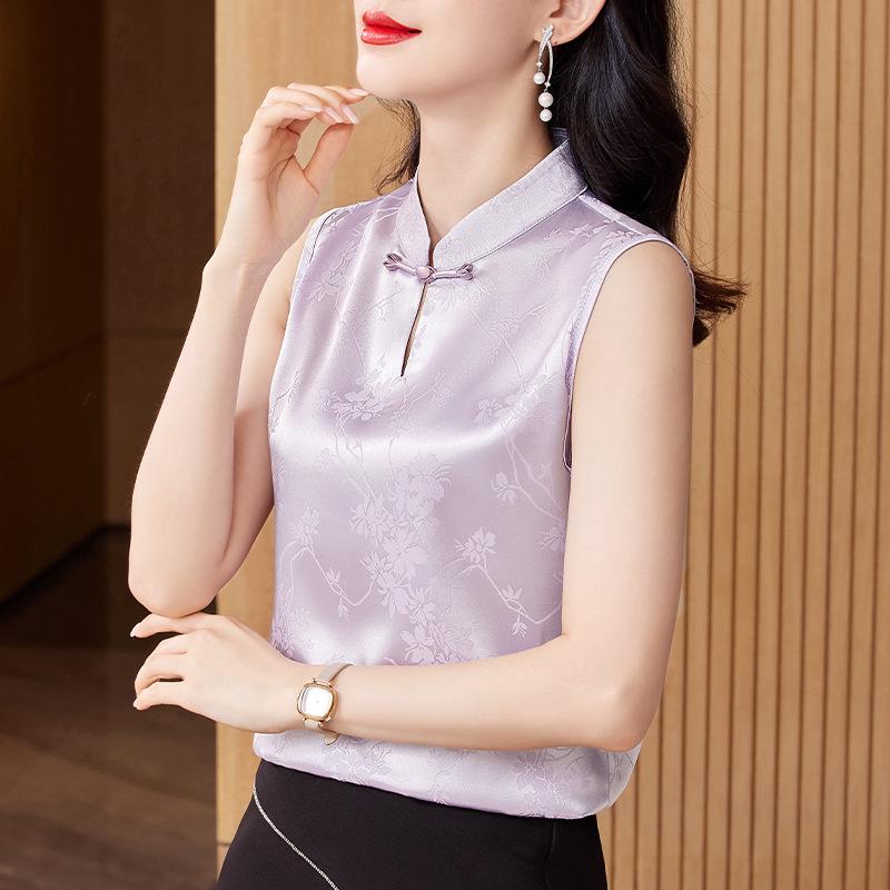 2024 Retro Chinese-Style Jacquard Vest with Frog Buttons & Stand Collar - Women's Sleeveless Innerwear