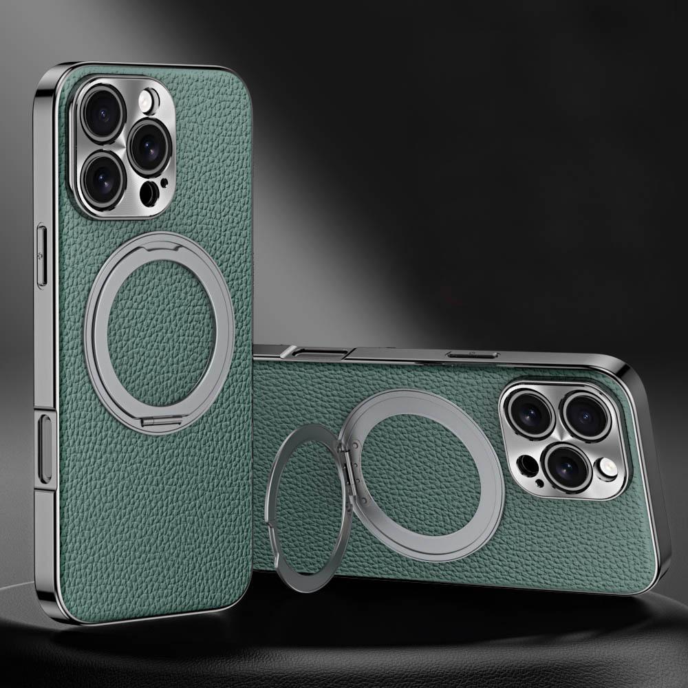 

16 Pro Max Magnetic Bracket Lichee Texture Leather Moblie Phone Case for IPhone 16 15 14 Pro Max Electroplated Protective Cover For iPhone 14